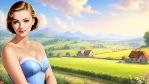 Romantic masterpiece oil painting, cute busty girl portrait, tube top, nostalgic 1950's style kitsch, breathtaking beautiful vast European countryside farmland landscape, epic majestic natural scenery