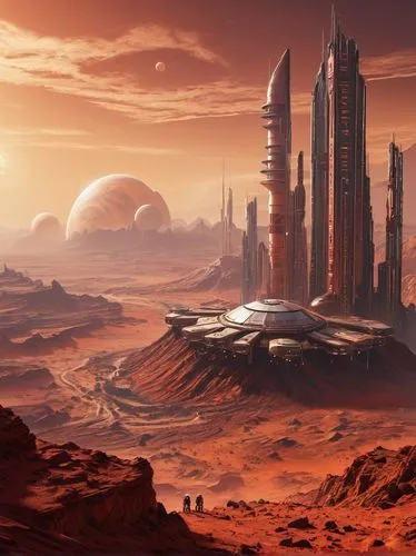 Mars, futuristic, sci-fi, colony, red planet, rusty landscape, towering skyscrapers, curved domes, metallic materials, neon lights, transparent tubes, robots, astronauts, space suits, helmets, oxygen 