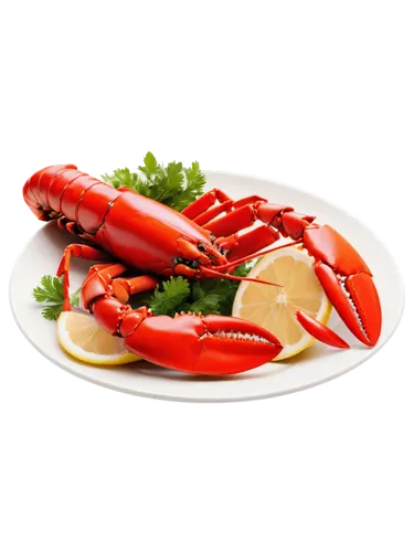 Freshly cooked lobster, bright red shell, claws tied with twine, steaming hot, juicy meat, white plate, lemon wedges, parsley garnish, shallow depth of field, soft natural light, appetizing compositio