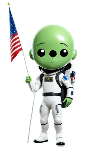 Alien, Martian, green skin, big eyes, slender body, antennae on head, astronaut suit, oxygen mask, backpack, space helmet, holding a flag, standing, heroic pose, futuristic, low-gravity environment, s