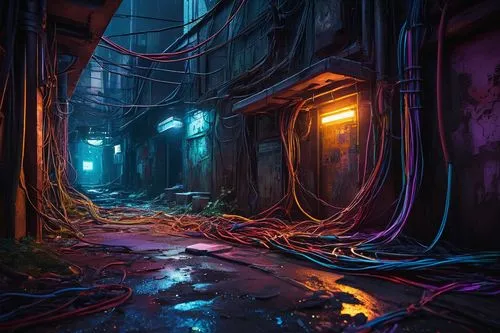 sewer,alleyway,undercity,world digital painting,undermountain,wires,cyberia,alleyways,cyberpunk,alley,cyberworld,sewers,cyberscene,corridors,shadowrun,blind alley,lost place,dungeon,underground,devein,Illustration,Abstract Fantasy,Abstract Fantasy 20