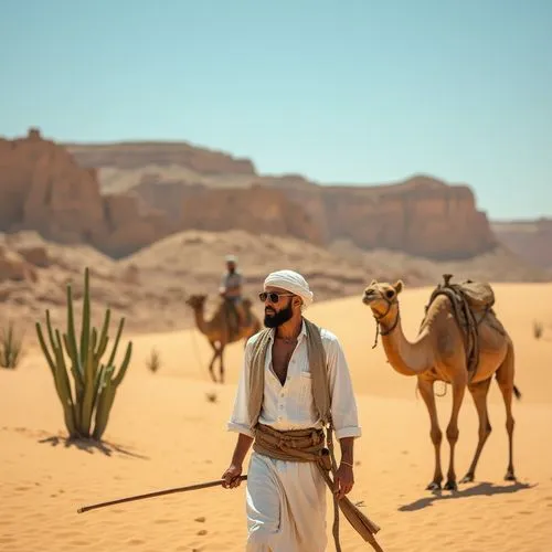 Desert landscape, sandy dunes, cactus plants, Arabian man, 30yo, strong muscular build, short beard, sunglasses, headscarf, white robes, leather belt, walking stick, camel companion, bright sunny day,