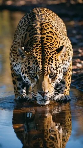 uma onça olhando para a camera, após beber agua em um rio. Seu reflexo espelhado na agua do rio.,there is a big leopard that is walking in the water,jaguar,pantanal,leopard head,the pantanal,leopardus