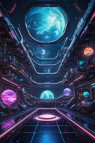 Cosmic, futuristic, sci-fi, neon-lit, galaxy-inspired, abstract, 3D-generated, vibrant, glowing, swirling clouds, stars, planets, nebulae, space stations, robotic arms, holographic screens, circuit bo