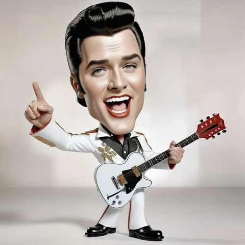 Caricature style drawing of a celebrity, big head, small body, exaggerated facial expressions. A 3D animated character resembling Elvis Presley, wearing a whiteA jumpsuit with red and gold accents, bl