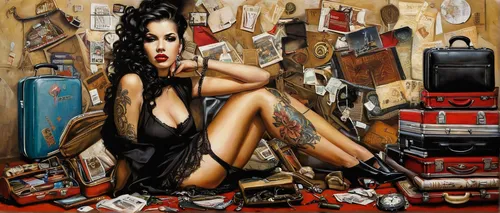 Organizing belongings for a business trip,pin ups,music instruments,rockabilly,suitcases,luggage and bags,suitcase,pin-up girl,pin up girl,valentine day's pin up,shoe repair,guitar amplifier,handbag,c