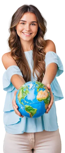 Earth Day poster, blue planet Earth, green forests, fluffy white clouds, sun shining down, recycling symbol, hands holding globe, smiling face, gentle eyes, messy brown hair, casual wear, standing, he