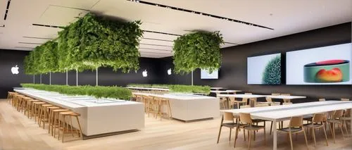 Modern minimalist apple store, vision pro interior design, sleek metal frame, floor-to-ceiling glass walls, wooden flooring, warm ambient lighting, spotlights on products, futuristic tables with built