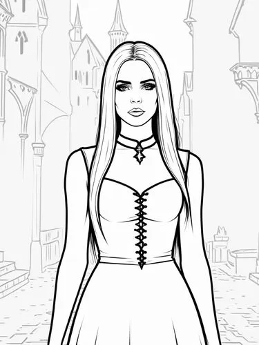 the girl with long hair and lace on her chest,gothic dress,peignoir,halloween line art,dhampir,eilonwy,coloring page,Design Sketch,Design Sketch,Rough Outline