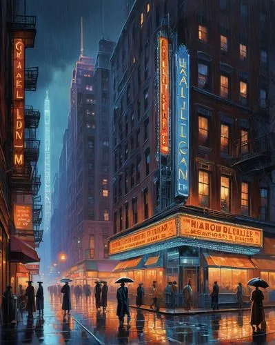 radio city music hall,cinerama,fox theatre,bioshock,theaters,world digital painting,sci fiction illustration,bladerunner,broadway,night scene,metropolis,manhattan,orpheum,theatre marquee,arkham,cinema 4d,cybertown,mcquarrie,belasco,warner theatre,Illustration,Realistic Fantasy,Realistic Fantasy 21