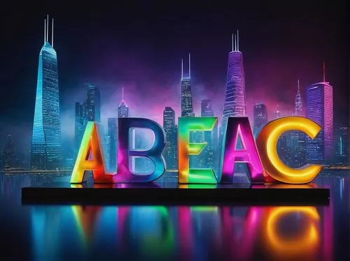 Alphabetic sculpture, artistic typography, 3D metallic letters, futuristic neon glow, vibrant colors, abstract composition, floating in mid-air, cityscape background, skyscraper reflection, foggy atmo