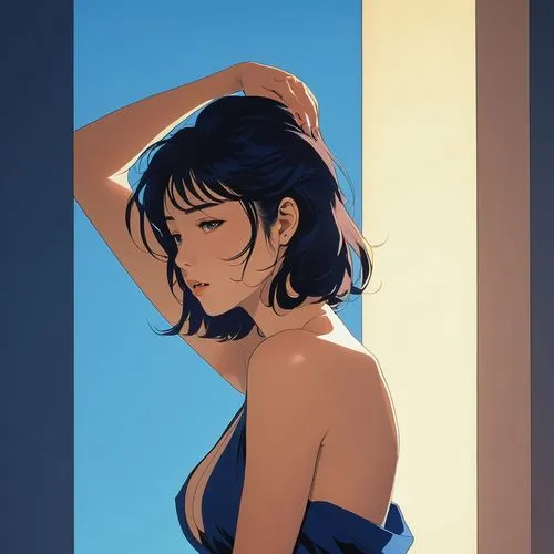 Create an intense and evocative portrait in the retro Japanese anime style of the 80s and 90s. The scene shows a woman bathed in deep blue light, leaning against a wall with her arms raised and her ey