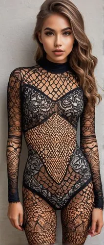 bodysuit,mesh,photo session in bodysuit,see-through clothing,chain mail,fishnet stockings,cutout,egg net,wire mesh,sexy woman,3d figure,mesh and frame,crochet,plus-size model,female model,her,chain link,patterned,art model,lace,Illustration,Realistic Fantasy,Realistic Fantasy 36