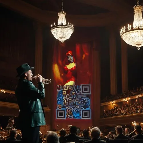 a group of musical instruments, in shades of emerald green and blue, gather around a music stand in the midst of a grand concert hall. A man dressed in a black leather jacket and hat plays a soulful t