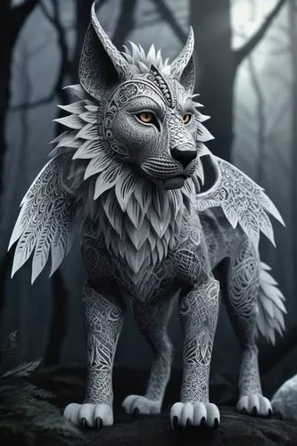 gryphon,griffon bruxellois,forest dragon,silver fox,griffin,garuda,gray wolf,wolf,forest king lion,forest animal,werewolf,gray animal,howling wolf,mythical creature,fantasy art,gargoyle,heraldic animal,temperowanie,eastern grey,supernatural creature,Illustration,Black and White,Black and White 11