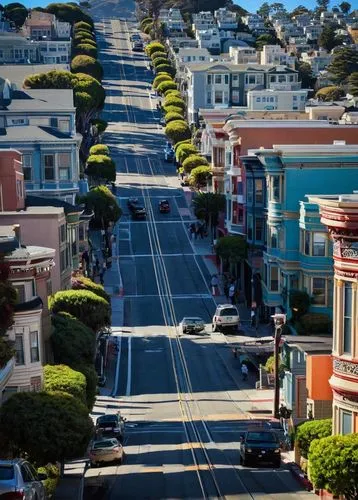 San Francisco, Victorian architecture, walking tour, daytime, sunny, clear blue sky, steep hills, colorful houses, ornate decorations, wooden doors, balconies with iron railings, flowers in window box