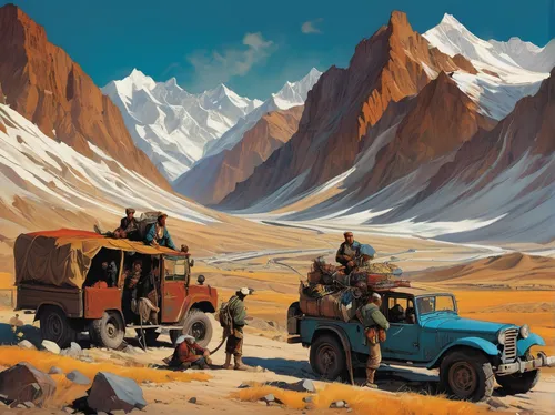 the pamir highway,digital nomads,the pamir mountains,karakoram,pamir,travel poster,nomads,nomadic people,nomad,altiplano,travel trailer poster,american frontier,nomad life,game illustration,world digital painting,himalaya,caravan,mountain scene,land-rover,travelers,Conceptual Art,Oil color,Oil Color 04