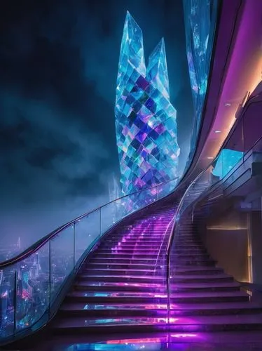 glass pyramid,futuristic art museum,futuristic architecture,futuroscope,elbphilharmonie,water stairs,diamond lagoon,glass building,futuristic landscape,arcology,shard of glass,purpleabstract,fractal lights,vdara,stairway,vivid sydney,staircases,water cube,singapore landmark,morphosis,Illustration,Realistic Fantasy,Realistic Fantasy 02