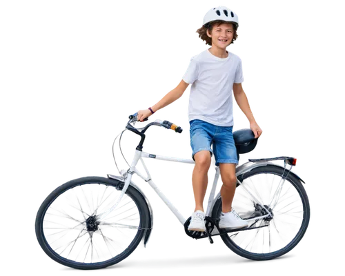 Comic boy, riding a bicycle, smiling face, messy brown hair, bright blue eyes, freckles on cheeks, white shirt with rolled-up sleeves, denim shorts, sneakers, bicycle helmet, streamers attached to han