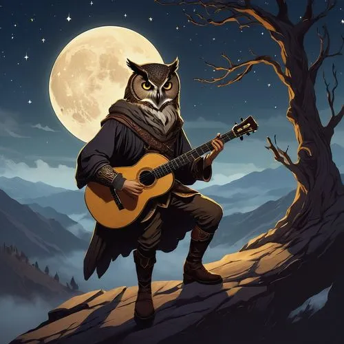 Mysterious owl-inspired bard, solo, male, 30yo, wise eyes, sharp facial features, messy brown hair, pointed ears, worn leather boots, holding a wooden lute, standing on a misty mountain peak, full moo