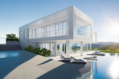 RICHARD MEIER STYLE ARCHITECTURE, LOUNGERS, WINDOWS REFLECTIONS, SUN FLASHING WINDOW, NORTH SUN POSITION, WET LANDSCAPE,–AR 16:9 – QUALITY 9- CONTRASTED  RENDER, ADOBE COLOR, VIGNETTE , HDRI, CLARITY 