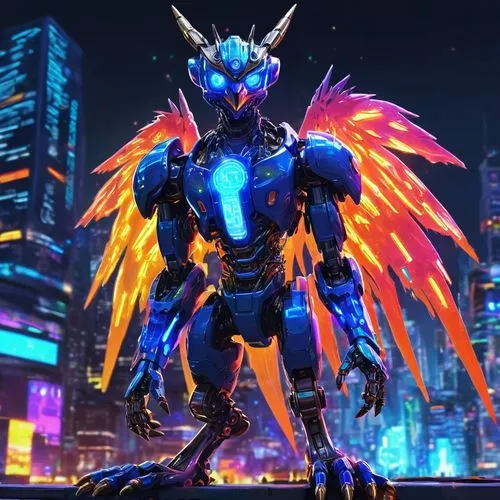 Random Digimon generator, digital creature, futuristic body, glowing blue circuits, sharp claws, metallic fur, robotic eyes, wings, flying pose, cityscape background, neon lights, towering skyscrapers