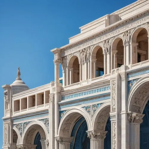 Ancient Roman building, monumental structure, arches, domes, columns, Corinthian capitals, ornate carvings, marble material, grand scale, urban landscape, sunny day, clear blue sky, distant mountains.