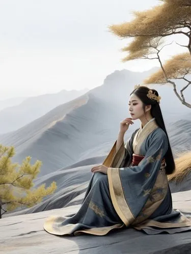 In the midst of a surreal landscape, a woman in Hanfu sits in a void, their face painted in intricate detail. The air is thick with the scent of fresh herbs, and the breeze rustles the leaves of nearb