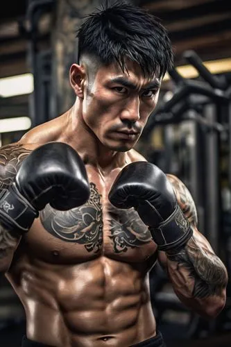 Muscular man, Gokou, shirtless, ripped chest, strong jawline, short black hair, intense gaze, Japanese-style tattoos on arms and torso, worn-out training gloves, sweaty forehead, focused facial expres