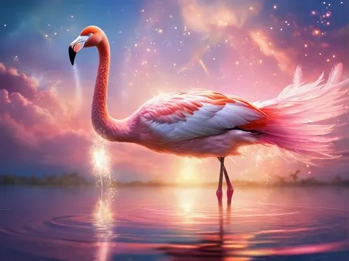 A flamingo floats in a lake with sparkling details of hummingbird feathers,greater flamingo,pink flamingo,flamingo,flamingo couple,flamingos,two flamingo,pink flamingos,flamingoes,lawn flamingo,cuba f