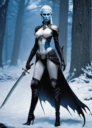 white walker,winterblueher,blue enchantress,ice queen,dark elf,female warrior,holly blue,mystique,blue demon,the snow queen,swordswoman,suit of the snow maiden,huntress,icemaker,ice princess,mean bluish,warrior woman,eternal snow,fantasy woman,cosplay image,Conceptual Art,Fantasy,Fantasy 29