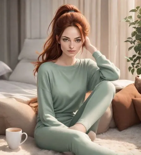 dreamy expression, natural proportions, long shoulderlong auburn hair, stylish ponytail, dark-emerald-eyes,pastel colour loungewear, long pants, cashmere socks, dainty delicate graceful tender, medium