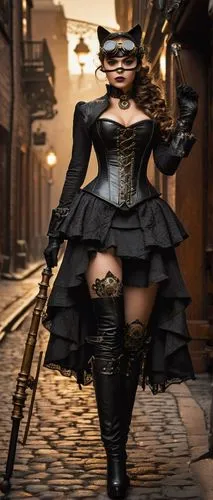 Steampunk, catwoman, solo, (25yo), beautiful detailed eyes, sharp eyebrows, whiskers, pointed ears, curly brown hair, intricate gears and clockwork makeup, leather corset, brass buttons, layered skirt