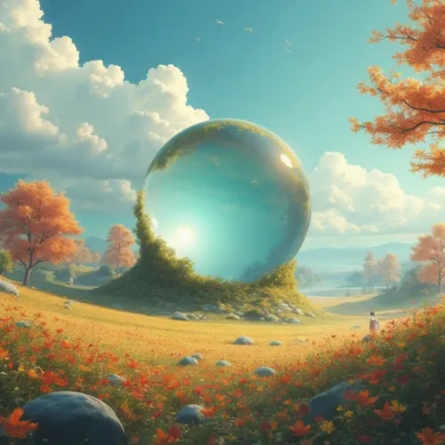 a large, spherical object is in a park on the hillside,crystal ball,crystal ball-photography,glass sphere,fantasy landscape,fantasy picture,3d fantasy