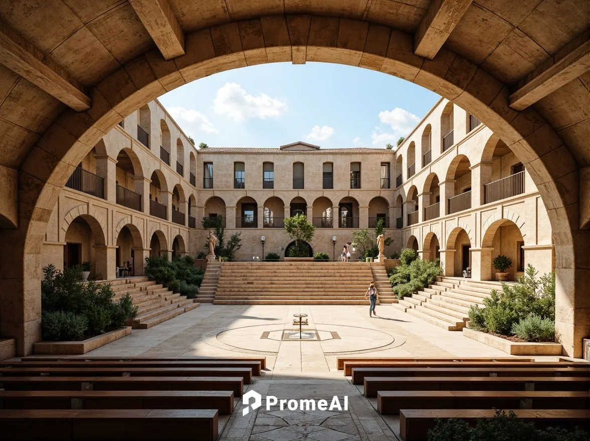 Grand amphitheater, Romanesque architecture, tiered seating arrangement, ornate stone carvings, curved archways, majestic columns, warm golden lighting, soft shadows, comfortable cushioned seats, eleg