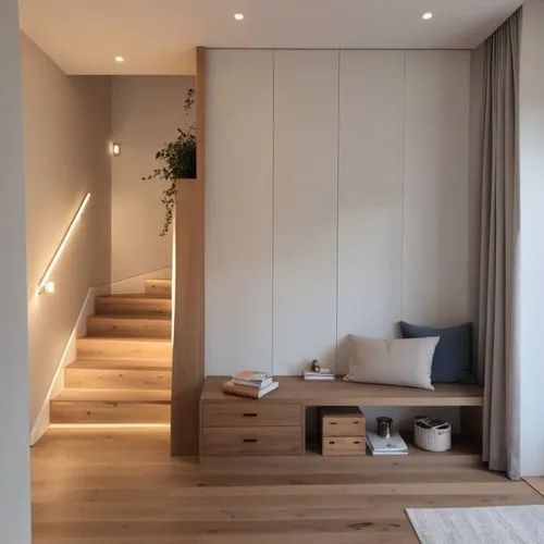 a room with white walls and wooden stairs,hallway space,modern minimalist bathroom,mudroom,modern room,modern minimalist lounge,walk-in closet,Photography,General,Realistic