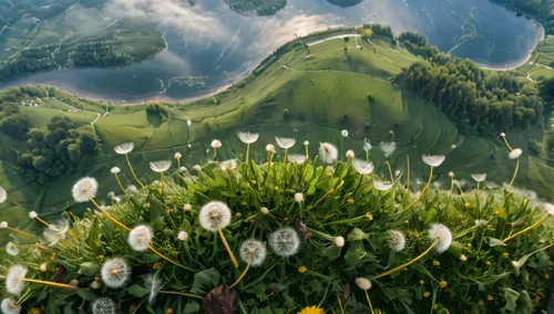 the view from above shows a field with a lot of dandelions,meadows of dew,cotton grass,green bubbles,the valley of flowers,dew on grass,cottongrass,Photography,General,Natural