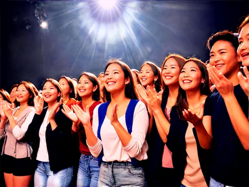 Audience, clapping hands, enthusiastic faces, bright smile, spotlight, dark background, low angle shot, wide-angle lens, shallow depth of field, warm color tone, dynamic composition, vivid expression.