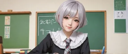 Pointy chin, anime girl, beautiful detailed eyes, eyelashes, sparkling eyeshadow, pale skin, rosy cheeks, short silver hair, messy bob cut, few loose strands framing face, small nose, gentle smile, sl