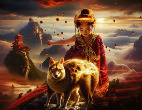 Traditional Beauty in Nature,a painting of a child with a dog,dharma,abhidharma,milarepa,tenzin,drakpa,amaterasu,Illustration,Abstract Fantasy,Abstract Fantasy 01