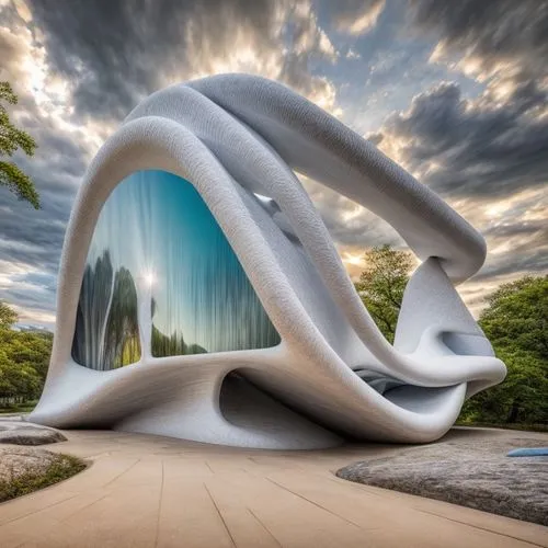 dolphin fountain,futuristic art museum,futuristic architecture,steel sculpture,torus,calatrava,helix,sculpture park,japanese architecture,japanese waves,santiago calatrava,futuristic landscape,public 