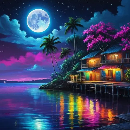 moonlit night,purple moon,sailing blue purple,tropical house,purple landscape,landscape background,moonlight,ocean paradise,night scene,romantic night,full hd wallpaper,sea night,moonlit,splendid colors,dream beach,houseboats,tropical island,moon and star background,tropical sea,fantasy picture,Photography,Documentary Photography,Documentary Photography 09