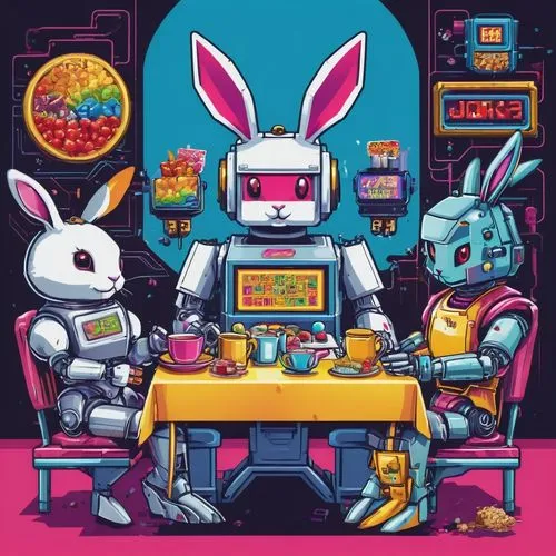 tea party, multiple robots, female robot, robot body, rainbow skin, anthropomorphic rabbit, female rabbit, rabbit face, rabbit tail,  metal tail, animal head, visible metal head, visible mechanisms, c