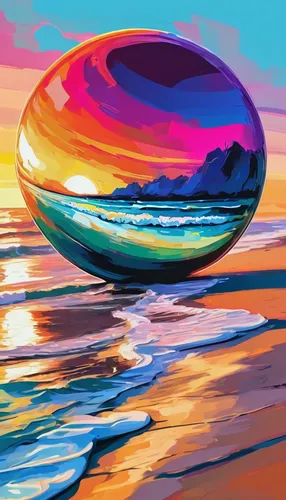 Discover the tranquility of a spherical image depicting a peaceful beach at sunset.,beach ball,glass sphere,glass ball,colorful glass,colorful water,crystal ball,swirly orb,prism ball,lensball,floatin