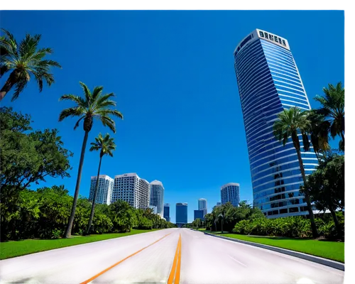 Cityscape, Orlando Florida, sunny day, clear blue sky, tall skyscrapers, modern architecture, glass windows, concrete roads, palm trees, greenery, vibrant colors, panoramic view, wide-angle lens, high