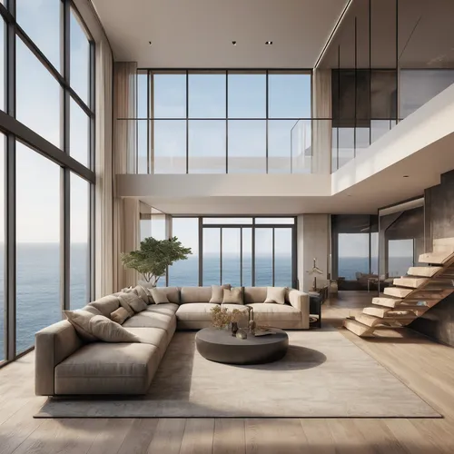 a large modern living room has stairs leading up to the ocean, in the style of minimalist grids, dark silver and beige, realistic landscapes with soft edges, monochromatic hues, luxurious, detailed ma