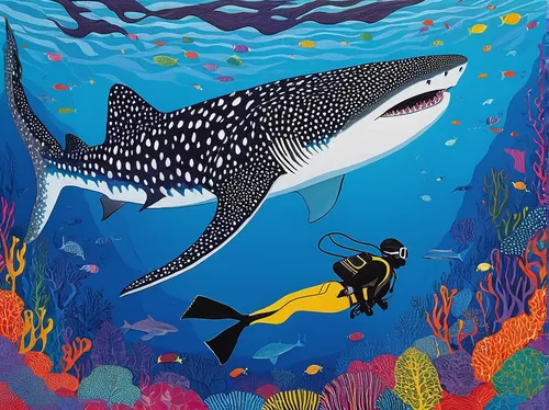 whale shark,tiger shark,coelacanth,marine animal,orca,sea animal,underwater world,aquarium inhabitants,cartilaginous fish,book illustration,great white shark,requiem shark,aquarium,giant fish,underwater background,game illustration,sharks,sea animals,cetacea,shark,Conceptual Art,Oil color,Oil Color 14