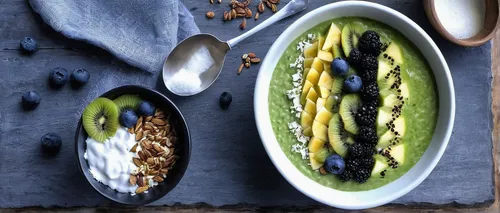 Simple comme un smoothie bowl aux kiwis et flocons d'avoine,celery and lotus seeds,green curry,green soybeans,rajas con crema,edamame,mung bean,mung beans,freekeh,food styling,tibetan bowls,korean sid