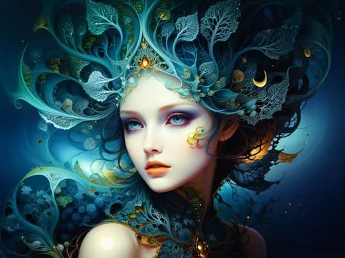 amazing fractal,a beautiful woman with blue hair and blue eyes,naiad,amphitrite,fathom,fairie,dryad,seelie,Illustration,Realistic Fantasy,Realistic Fantasy 15