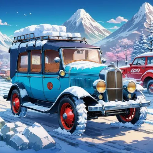 christmas retro car,uaz,snow scene,retro vehicle,winter background,vwbus,Illustration,Japanese style,Japanese Style 03